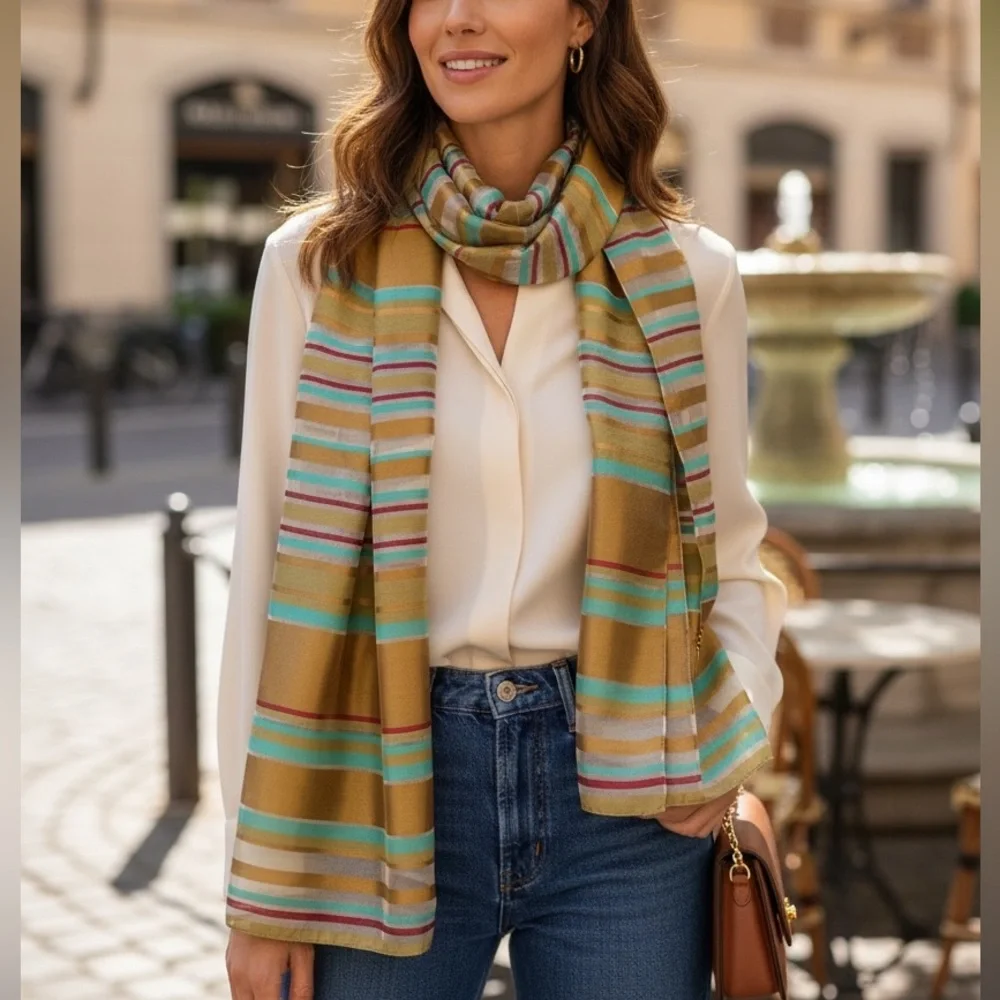Italian Striped Metallic Holographic Oversized Cotton Blend Scarf